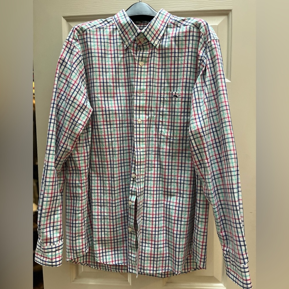 Vineyard Vines Men's Red and Blue Plaid Shirt